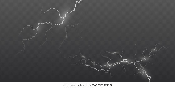 Realistic lightning bolt vector on a transparent background. Bright electric flash with spark, energy, and glow effects—perfect for depicting thunder, storms, and powerful weather visuals