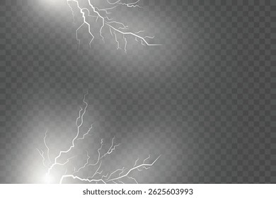Realistic lightning bolt vector on a transparent background. Bright electric flash with spark, energy, and glow effects—perfect for depicting thunder, storms, and powerful weather visuals