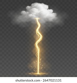 Realistic lightning bolt with wavy energy lines striking from a fluffy cloud on a transparent background. Light effect with sparkles on impact for dynamic weather scenes. Vector illustration.