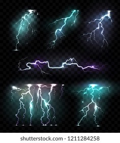 Realistic lightning bolts flashes colored set of isolated images of colourful lightning strokes on transparent background vector illustration