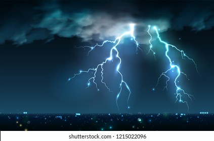 Realistic lightning bolts flashes composition with view of night city sky with clouds and thunderbolt images vector illustration