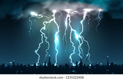 Realistic lightning bolts flashes composition of lightning strokes and thunderbolts on night sky with cityscape silhouette vector illustration