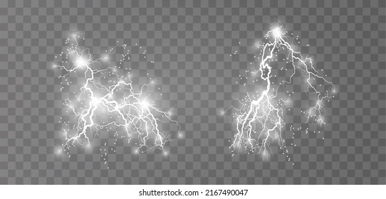 Realistic lightning bolts on a black transparent background. the charge of energy is powerful.Accumulation of electric orange and blue charges.A natural phenomenon. Magic effect. Lightning PNG.