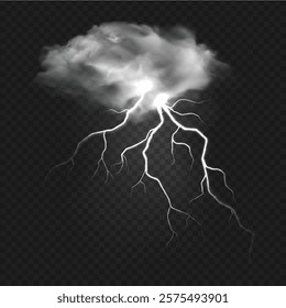 Realistic lightning cloud. White cloud and lightning bolt isolated on transparent dark background. Thunderstorm electric flash effect. Thunderbolt Vector illustration.