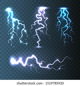 Realistic lightning collection on blue transparent background. Thunderstorm and lightning bolt. Sparks of light. Stormy weather effect. Vector illustration.