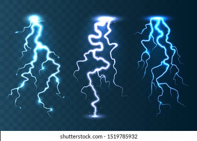 Realistic lightning collection on blue transparent background. Thunderstorm and lightning bolt. Sparks of light. Stormy weather effect. Vector illustration.