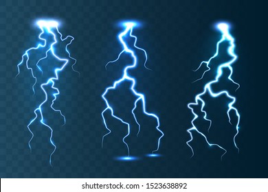 Realistic lightning collection on blue transparent background. Thunderstorm and lightning bolt. Sparks of light. Stormy weather effect. Vector illustration.