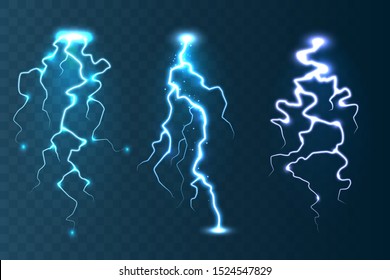 Realistic lightning collection on blue transparent background. Thunderstorm and lightning bolt. Sparks of light. Stormy weather effect. Vector illustration.