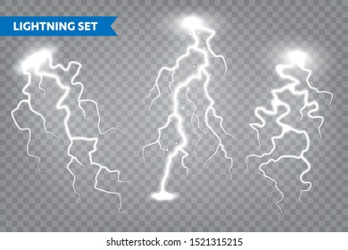 Realistic lightning collection on transparent background. Thunderstorm and lightning bolt. Sparks of light. Stormy weather effect. Vector illustration.