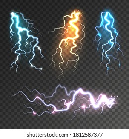 Realistic lightning collection on transparent background. Thunderstorm and lightning bolt. Sparks of light. Stormy weather effect. Vector illustration.