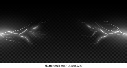 Realistic lightning effect isolated on dark transparent background. Thunderbolt with light effect. Thunderstorm for design your cover or banner. Vector illustration. EPS 10