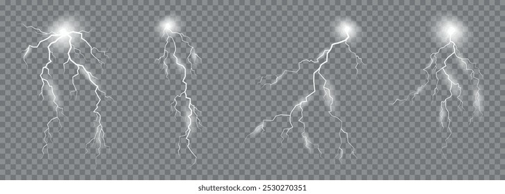 Conjunto de efeitos de relâmpago realista. Raios de tempestade, zíperes.