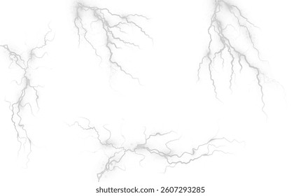 Realistic lightning and electricity effect with bright flashes and powerful energy. Isolated on a white background, perfect for storm, power, or nature-themed PNG visuals