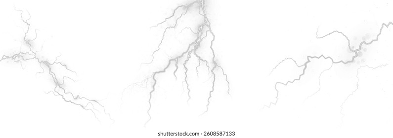 Realistic lightning and electricity effect with bright flashes and powerful energy. Isolated on a white background, perfect for storm, power, or nature-themed PNG visuals