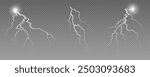 Realistic lightning flash effect, thunderstorm and lightning. Shining white lightning isolated on transparent background, natural phenomenon png.