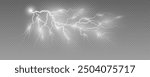 Realistic lightning flash effect, thunderstorm and lightning. Shining white lightning isolated on transparent background, natural phenomenon png.