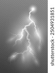 Realistic lightning flash effect, thunderstorm and lightning. Shining white lightning isolated on transparent background, natural phenomenon png.