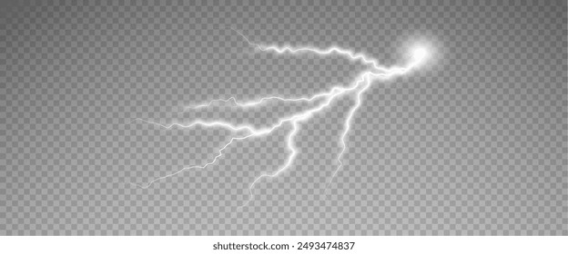 Realistic lightning flash effect, thunderstorm and lightning. Shining white lightning isolated on transparent background, natural phenomenon png.