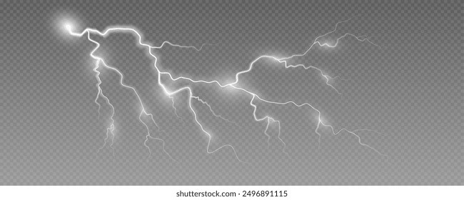 Realistic lightning flash effect, thunderstorm and lightning. Shining white lightning isolated on transparent background, natural phenomenon png.