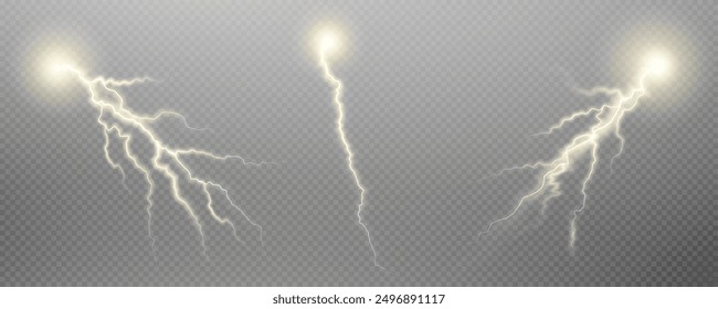 Realistic lightning flash effect, thunderstorm and lightning. Shining white lightning isolated on transparent background, natural phenomenon png.