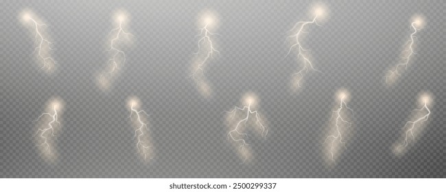 Realistic lightning flash effect, thunderstorm and lightning. Shining white lightning isolated on transparent background, natural phenomenon png.