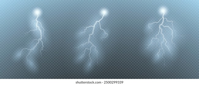 Realistic lightning flash effect, thunderstorm and lightning. Shining white lightning isolated on transparent background, natural phenomenon png.