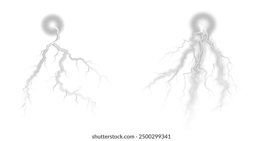 Realistic lightning flash effect, thunderstorm and lightning. Shining white lightning isolated on transparent background, natural phenomenon png.