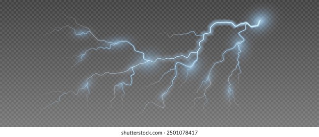 Realistic lightning flash effect, thunderstorm and lightning. Shining white lightning isolated on transparent background, natural phenomenon png.