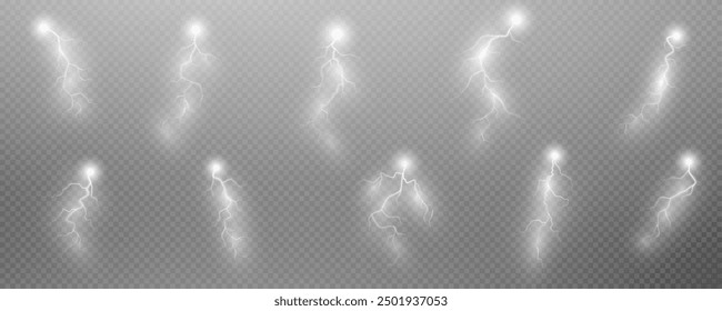 Realistic lightning flash effect, thunderstorm and lightning. Shining white lightning isolated on transparent background, natural phenomenon png.