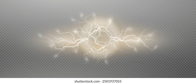 Realistic lightning flash effect, thunderstorm and lightning. Shining white lightning isolated on transparent background, natural phenomenon png.