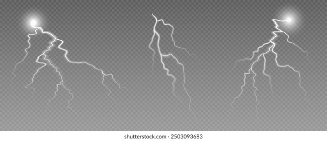 Realistic lightning flash effect, thunderstorm and lightning. Shining white lightning isolated on transparent background, natural phenomenon png.