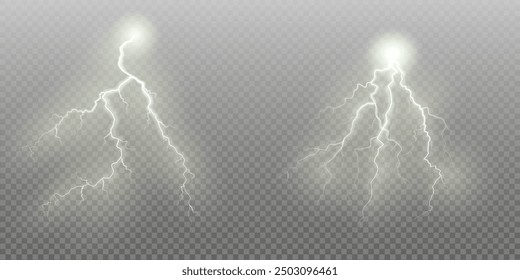 Realistic lightning flash effect, thunderstorm and lightning. Shining white lightning isolated on transparent background, natural phenomenon png.