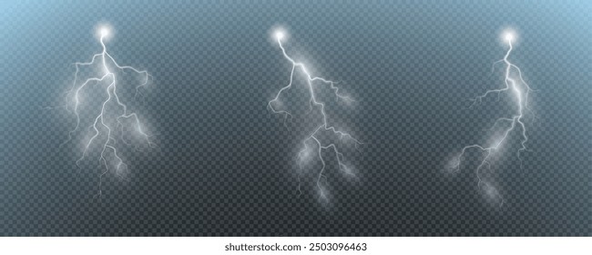 Realistic lightning flash effect, thunderstorm and lightning. Shining white lightning isolated on transparent background, natural phenomenon png.