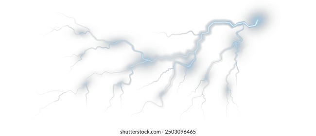 Realistic lightning flash effect, thunderstorm and lightning. Shining white lightning isolated on transparent background, natural phenomenon png.