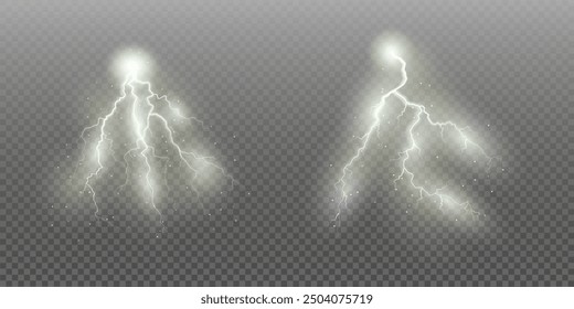 Realistic lightning flash effect, thunderstorm and lightning. Shining white lightning isolated on transparent background, natural phenomenon png.