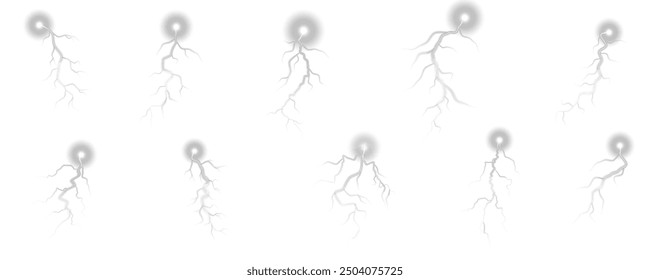 Realistic lightning flash effect, thunderstorm and lightning. Shining white lightning isolated on transparent background, natural phenomenon png.