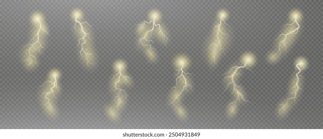 Realistic lightning flash effect, thunderstorm and lightning. Shining white lightning isolated on transparent background, natural phenomenon png.