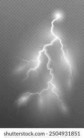 Realistic lightning flash effect, thunderstorm and lightning. Shining white lightning isolated on transparent background, natural phenomenon png.