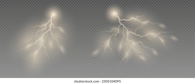 Realistic lightning flash effect, thunderstorm and lightning. Shining white lightning isolated on transparent background, natural phenomenon png.