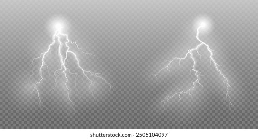 Realistic lightning flash effect, thunderstorm and lightning. Shining white lightning isolated on transparent background, natural phenomenon png.