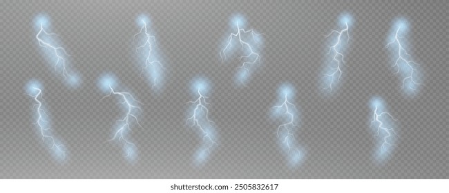 Realistic lightning flash effect, thunderstorm and lightning. Shining white lightning isolated on transparent background, natural phenomenon png.