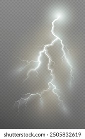 Realistic lightning flash effect, thunderstorm and lightning. Shining white lightning isolated on transparent background, natural phenomenon png.