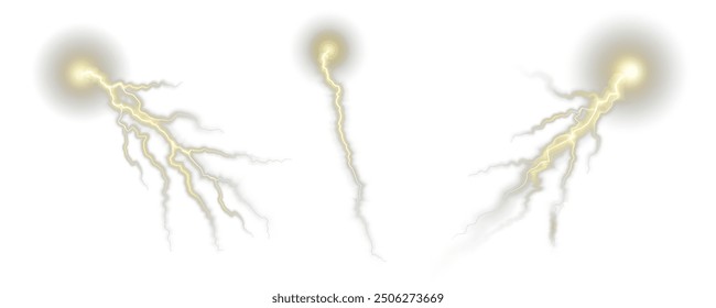 Realistic lightning flash effect, thunderstorm and lightning. Shining white lightning isolated on transparent background, natural phenomenon png.