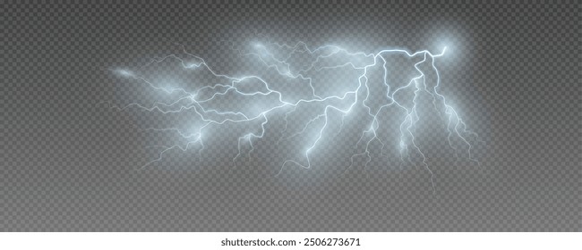 Realistic lightning flash effect, thunderstorm and lightning. Shining white lightning isolated on transparent background, natural phenomenon png.