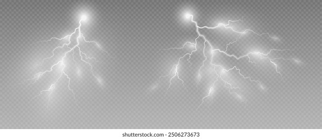 Realistic lightning flash effect, thunderstorm and lightning. Shining white lightning isolated on transparent background, natural phenomenon png.