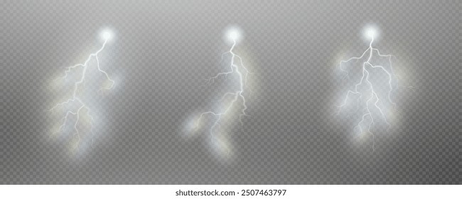 Realistic lightning flash effect, thunderstorm and lightning. Shining white lightning isolated on transparent background, natural phenomenon png.