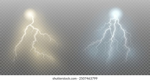 Realistic lightning flash effect, thunderstorm and lightning. Shining white lightning isolated on transparent background, natural phenomenon png.