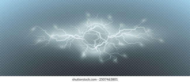 Realistic lightning flash effect, thunderstorm and lightning. Shining white lightning isolated on transparent background, natural phenomenon png.