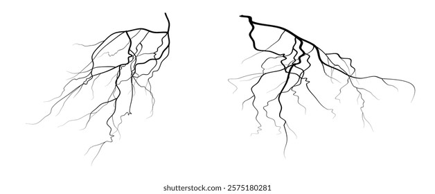 Realistic lightning flash effect, thunderstorm and lightning. Shining white lightning isolated on transparent background, natural phenomenon png. Black zippers.