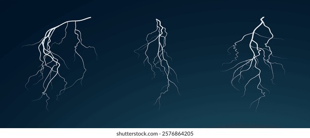 Realistic lightning flash effect, thunderstorm and lightning. Shining white lightning isolated on transparent background, natural phenomenon png. Black zippers.